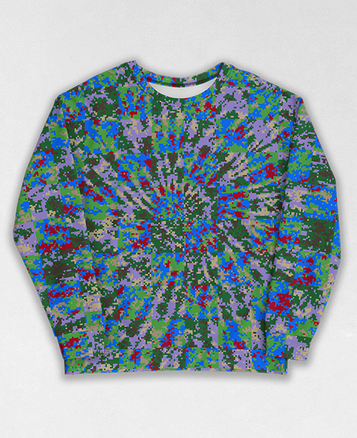 Tie-Dye-Camo Sweatshirt #0024. All over print, precision-cut, and hand-sewn. Super comfortable poly-cotton blend original Digital Camouflage designs by Dan Ellis vague.paris