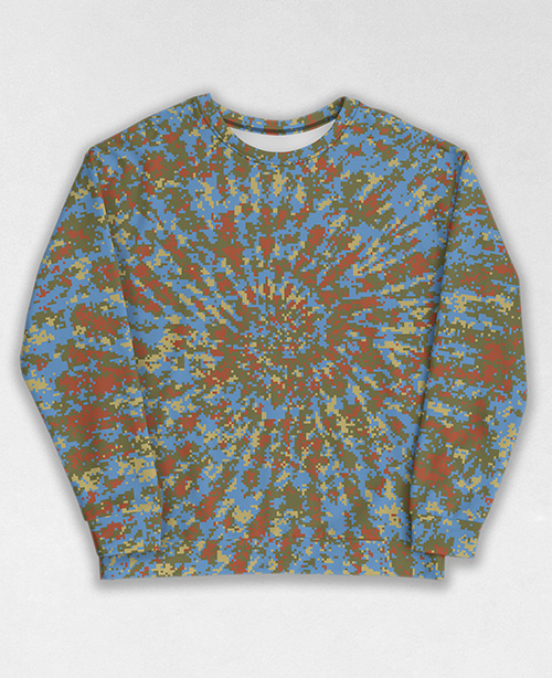 Tie-Dye-Camo Sweatshirt #0084. All over print, precision-cut, and hand-sewn. Super comfortable poly-cotton blend original Digital Camouflage designs by Dan Ellis vague.paris