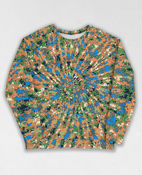 Tie-Dye-Camo Sweatshirt #0090. All over print, precision-cut, and hand-sewn. Super comfortable poly-cotton blend original Digital Camouflage designs by Dan Ellis vague.paris