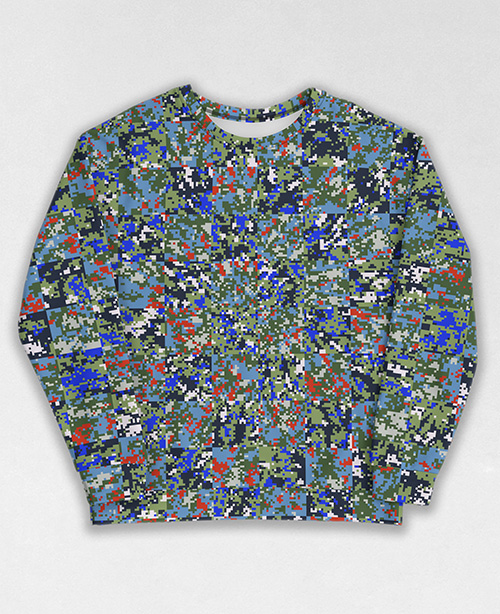 Tie-Dye-Camo Sweatshirt #0198. All over print, precision-cut, and hand-sewn. Super comfortable poly-cotton blend original Digital Camouflage designs by Dan Ellis vague.paris