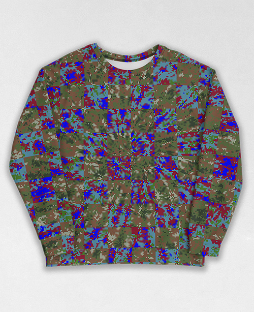 Tie-Dye-Camo Sweatshirt #0919. All over print, precision-cut, and hand-sewn. Super comfortable poly-cotton blend original Digital Camouflage designs by Dan Ellis vague.paris