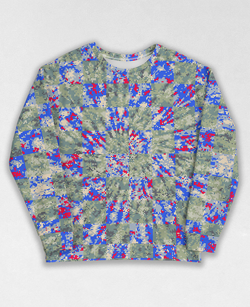 Tie-Dye-Camo Sweatshirt #0963. All over print, precision-cut, and hand-sewn. Super comfortable poly-cotton blend original Digital Camouflage designs by Dan Ellis vague.paris