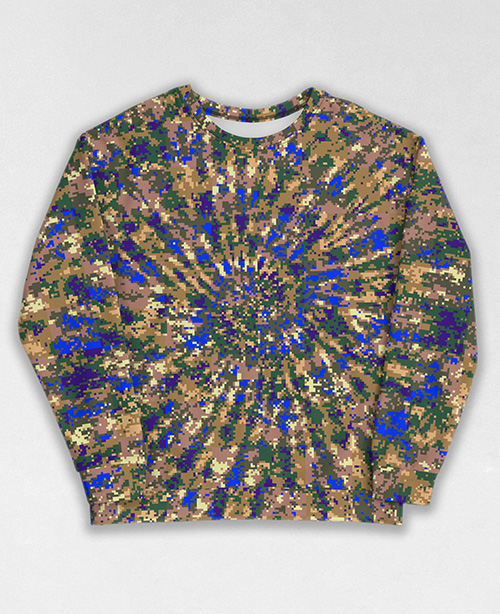 Tie-Dye-Camo Sweatshirt #1002. All over print, precision-cut, and hand-sewn. Super comfortable poly-cotton blend original Digital Camouflage designs by Dan Ellis vague.paris