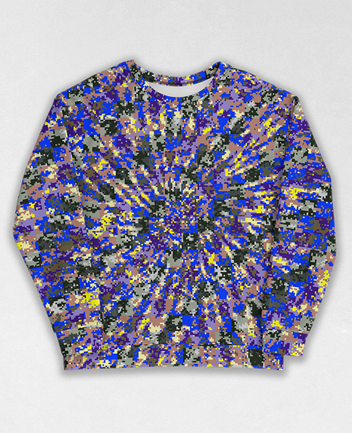 Tie-Dye-Camo Sweatshirt #1061. All over print, precision-cut, and hand-sewn. Super comfortable poly-cotton blend original Digital Camouflage designs by Dan Ellis vague.paris