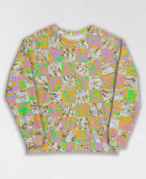 Tie-Dye-Camo Sweatshirt #1146. All over print, precision-cut, and hand-sewn. Super comfortable poly-cotton blend original Digital Camouflage designs by Dan Ellis vague.paris