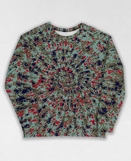 Tie-Dye-Camo Sweatshirt #1210. All over print, precision-cut, and hand-sewn. Super comfortable poly-cotton blend original Digital Camouflage designs by Dan Ellis vague.paris