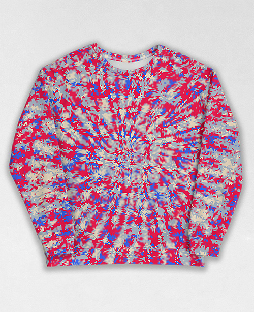 Tie-Dye-Camo Sweatshirt #1299. All over print, precision-cut, and hand-sewn. Super comfortable poly-cotton blend original Digital Camouflage designs by Dan Ellis vague.paris