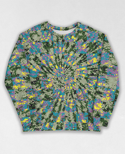 Tie-Dye-Camo Sweatshirt #1301. All over print, precision-cut, and hand-sewn. Super comfortable poly-cotton blend original Digital Camouflage designs by Dan Ellis vague.paris