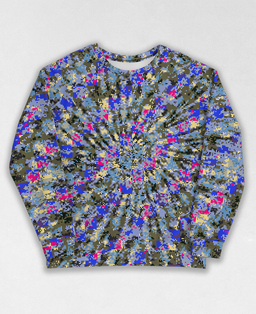 Tie-Dye-Camo Sweatshirt #1345. All over print, precision-cut, and hand-sewn. Super comfortable poly-cotton blend original Digital Camouflage designs by Dan Ellis vague.paris