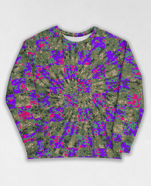 Tie-Dye-Camo Sweatshirt #1349. All over print, precision-cut, and hand-sewn. Super comfortable poly-cotton blend original Digital Camouflage designs by Dan Ellis vague.paris