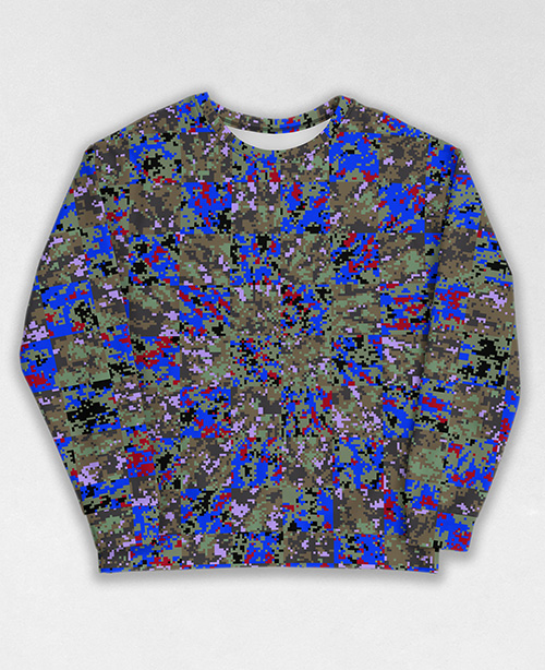 Tie-Dye-Camo Sweatshirt #1352. All over print, precision-cut, and hand-sewn. Super comfortable poly-cotton blend original Digital Camouflage designs by Dan Ellis vague.paris