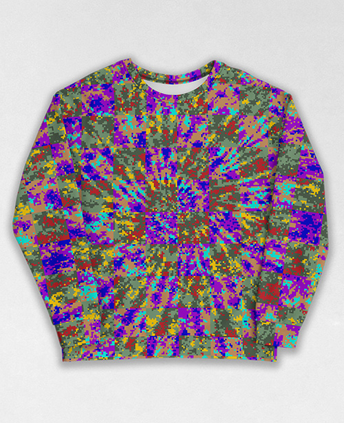 Tie-Dye-Camo Sweatshirt #1375. All over print, precision-cut, and hand-sewn. Super comfortable poly-cotton blend original Digital Camouflage designs by Dan Ellis vague.paris