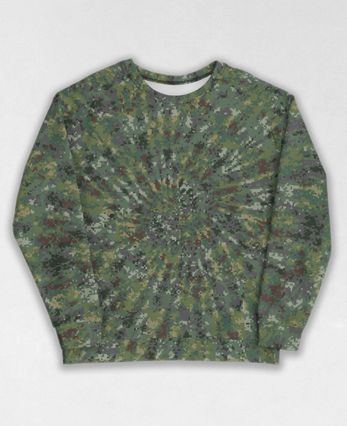 Tie-Dye-Camo Sweatshirt #1390. All over print, precision-cut, and hand-sewn. Super comfortable poly-cotton blend original Digital Camouflage designs by Dan Ellis vague.paris