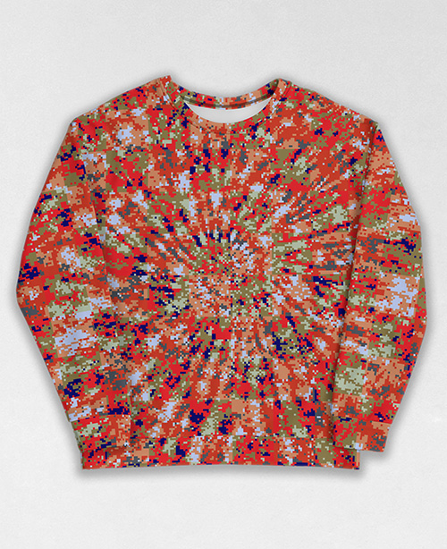 Tie-Dye-Camo Sweatshirt #1410. All over print, precision-cut, and hand-sewn. Super comfortable poly-cotton blend original Digital Camouflage designs by Dan Ellis vague.paris