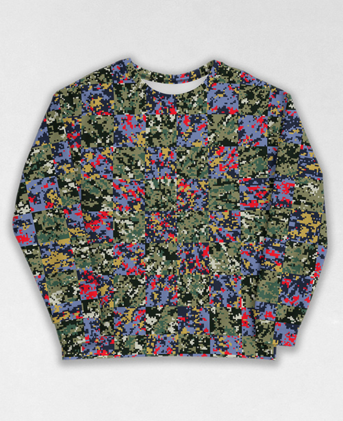 Tie-Dye-Camo Sweatshirt #1412. All over print, precision-cut, and hand-sewn. Super comfortable poly-cotton blend original Digital Camouflage designs by Dan Ellis vague.paris