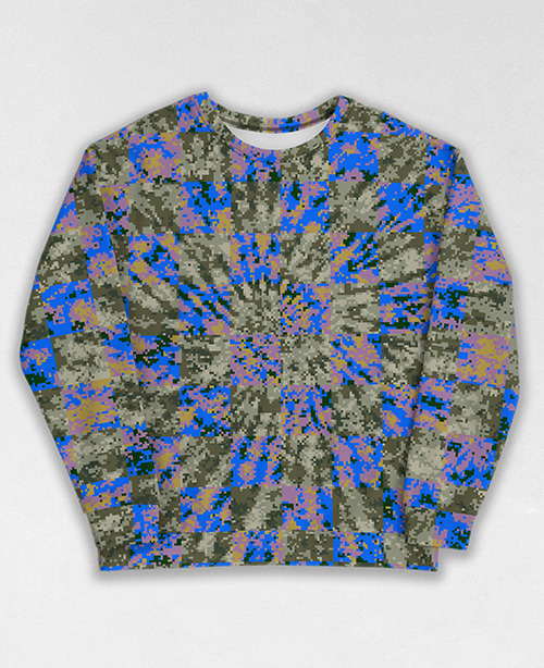 Tie-Dye-Camo Sweatshirt #1434. All over print, precision-cut, and hand-sewn. Super comfortable poly-cotton blend original Digital Camouflage designs by Dan Ellis vague.paris