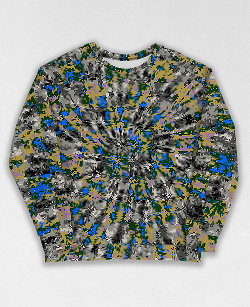 Tie-Dye-Camo Sweatshirt #1438. All over print, precision-cut, and hand-sewn. Super comfortable poly-cotton blend original Digital Camouflage designs by Dan Ellis vague.paris