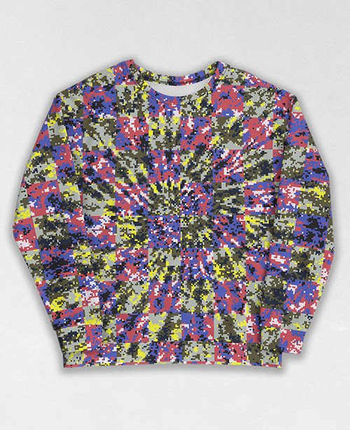 Tie-Dye-Camo Sweatshirt #1444. All over print, precision-cut, and hand-sewn. Super comfortable poly-cotton blend original Digital Camouflage designs by Dan Ellis vague.paris