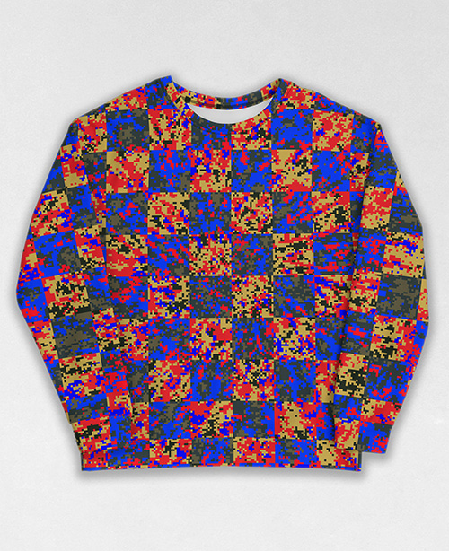 Tie-Dye-Camo Sweatshirt #1543. All over print, precision-cut, and hand-sewn. Super comfortable poly-cotton blend original Digital Camouflage designs by Dan Ellis vague.paris