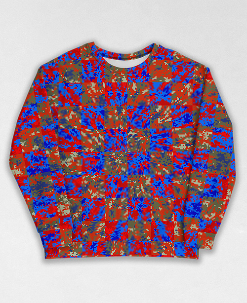 Tie-Dye-Camo Sweatshirt #1563. All over print, precision-cut, and hand-sewn. Super comfortable poly-cotton blend original Digital Camouflage designs by Dan Ellis vague.paris