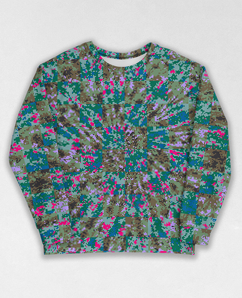 Tie-Dye-Camo Sweatshirt #1590. All over print, precision-cut, and hand-sewn. Super comfortable poly-cotton blend original Digital Camouflage designs by Dan Ellis vague.paris