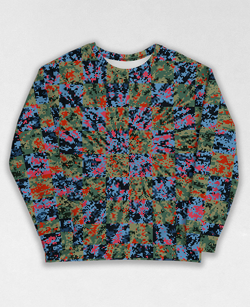 Tie-Dye-Camo Sweatshirt #1594. All over print, precision-cut, and hand-sewn. Super comfortable poly-cotton blend original Digital Camouflage designs by Dan Ellis vague.paris