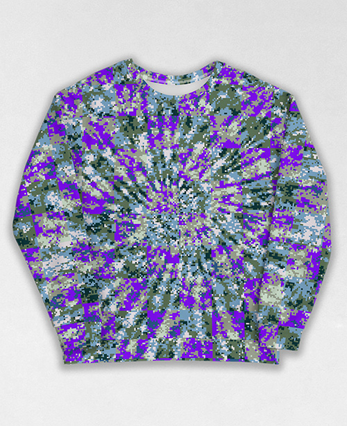 Tie-Dye-Camo Sweatshirt #1595. All over print, precision-cut, and hand-sewn. Super comfortable poly-cotton blend original Digital Camouflage designs by Dan Ellis vague.paris