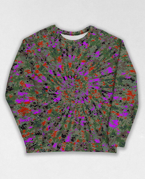 Tie-Dye-Camo Sweatshirt #1620. All over print, precision-cut, and hand-sewn. Super comfortable poly-cotton blend original Digital Camouflage designs by Dan Ellis vague.paris