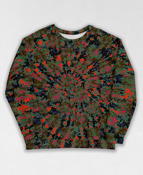 Tie-Dye-Camo Sweatshirt #1644. All over print, precision-cut, and hand-sewn. Super comfortable poly-cotton blend original Digital Camouflage designs by Dan Ellis vague.paris