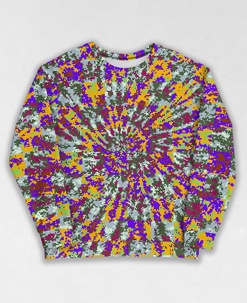 Tie-Dye-Camo Sweatshirt #1650. All over print, precision-cut, and hand-sewn. Super comfortable poly-cotton blend original Digital Camouflage designs by Dan Ellis vague.paris