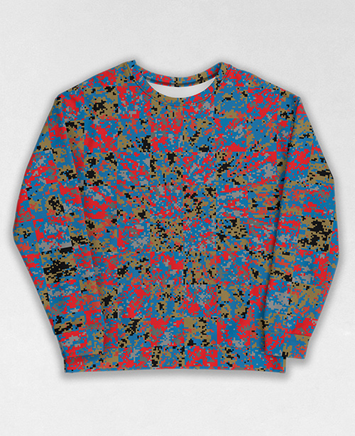 Tie-Dye-Camo Sweatshirt #1654. All over print, precision-cut, and hand-sewn. Super comfortable poly-cotton blend original Digital Camouflage designs by Dan Ellis vague.paris