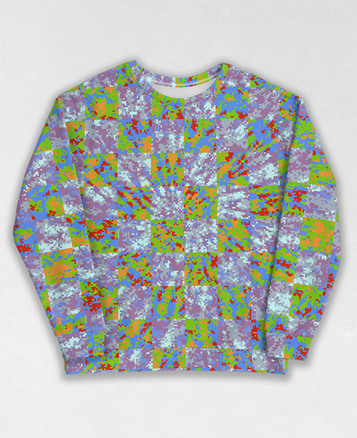 Tie-Dye-Camo Sweatshirt #1707. All over print, precision-cut, and hand-sewn. Super comfortable poly-cotton blend original Digital Camouflage designs by Dan Ellis vague.paris