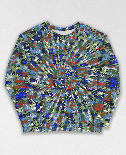 Tie-Dye-Camo Sweatshirt #1787. All over print, precision-cut, and hand-sewn. Super comfortable poly-cotton blend original Digital Camouflage designs by Dan Ellis vague.paris