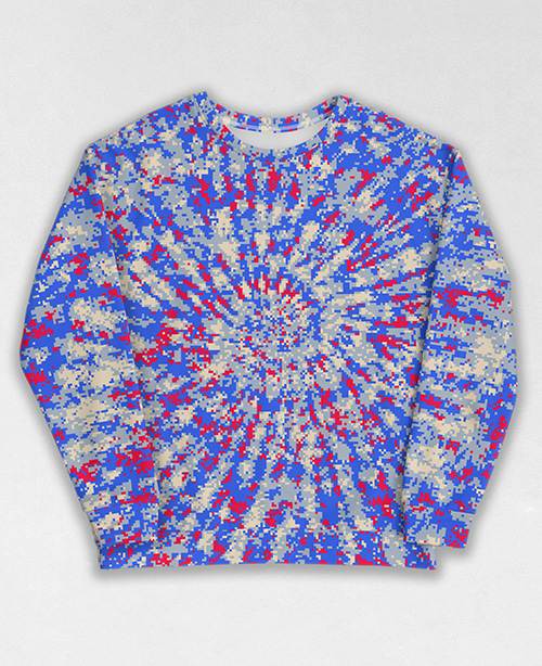 Tie-Dye-Camo Sweatshirt #1913. All over print, precision-cut, and hand-sewn. Super comfortable poly-cotton blend original Digital Camouflage designs by Dan Ellis vague.paris